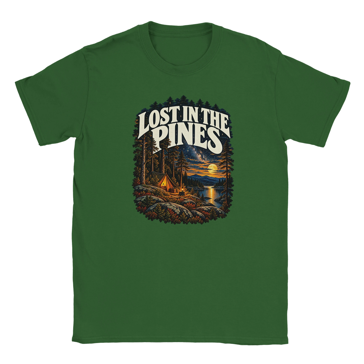 Lost In The Pines - T-shirt in Military Green. A tent among tall pines beside a moonlit lake and starry sky beneath Lost in the Pines lettering.