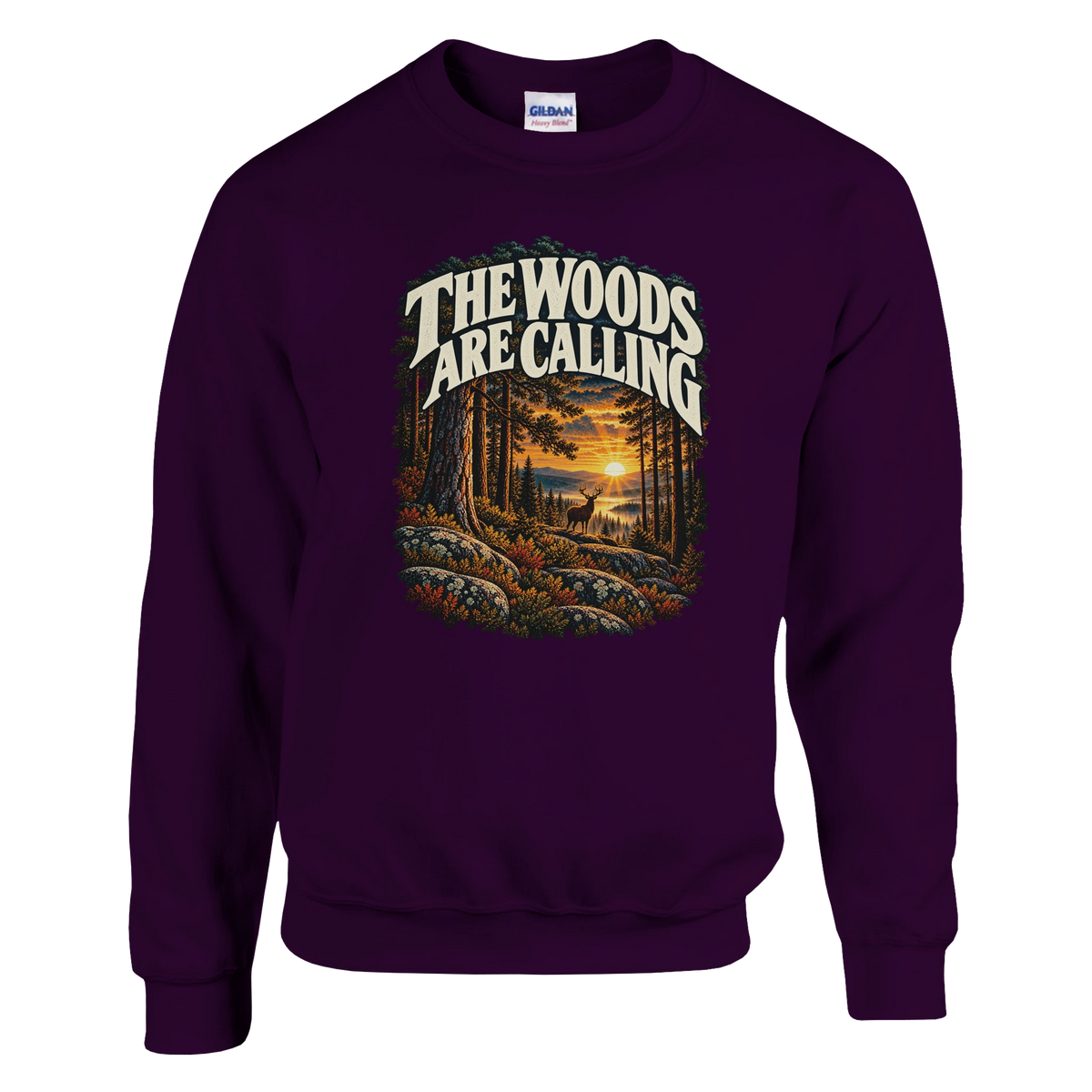 The Woods Are Calling - Sweatshirt in Maroon. A deer between tall pine trees in golden light beneath The Woods Are Calling lettering.