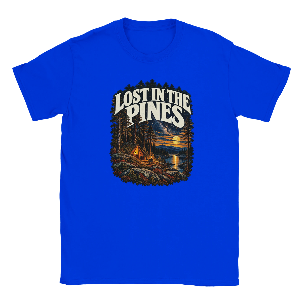 Lost In The Pines - T-shirt in Royal. A tent among tall pines beside a moonlit lake and starry sky beneath Lost in the Pines lettering.
