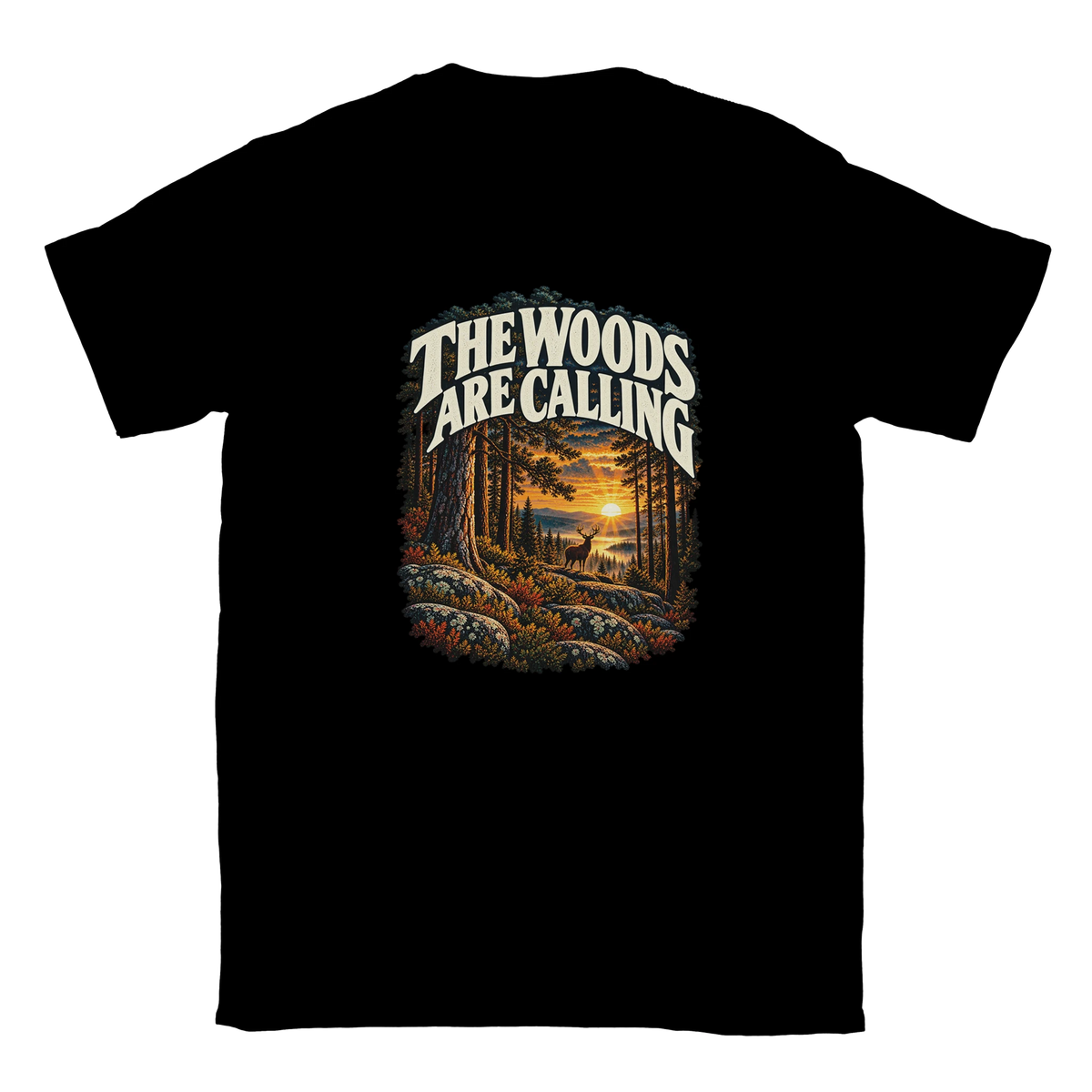 The Woods Are Calling - T-shirt in Black. A deer between tall pine trees in golden light beneath The Woods Are Calling lettering.