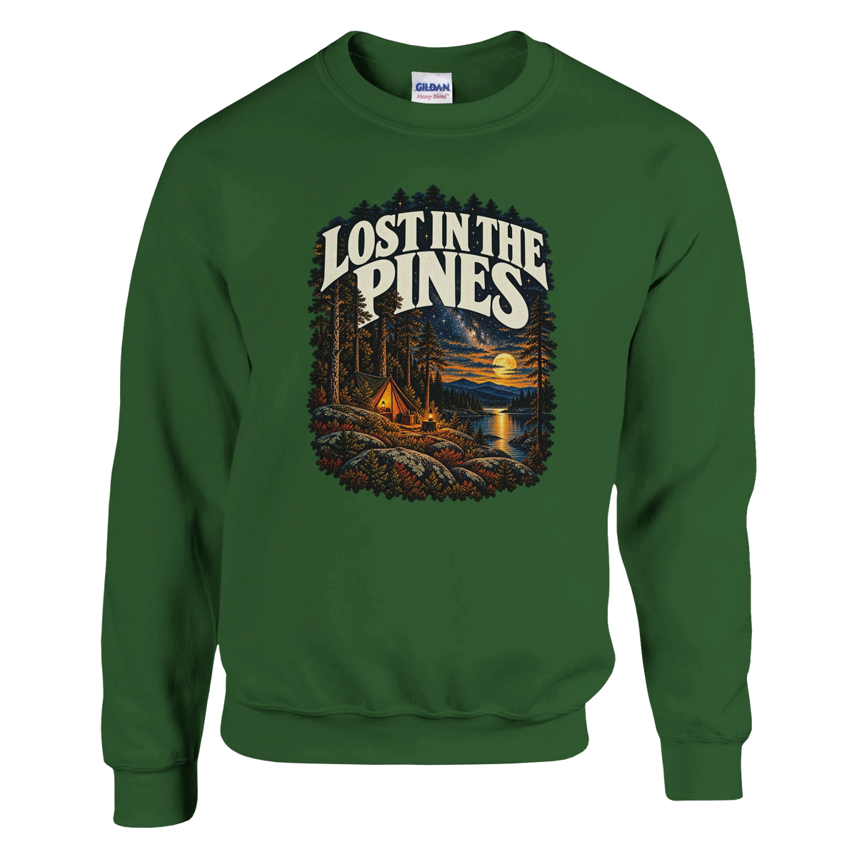 Lost In The Pines - Sweatshirt in Military Green. A tent among tall pines beside a moonlit lake and starry sky beneath Lost in the Pines lettering.