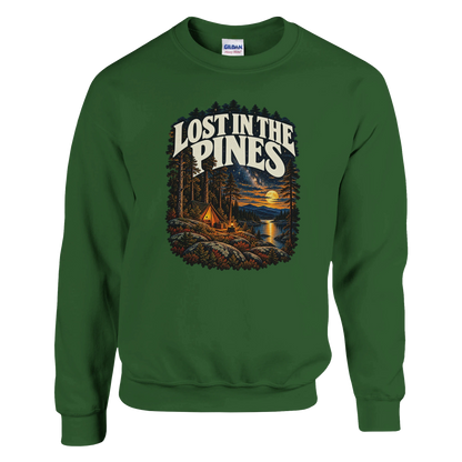 Lost In The Pines - Sweatshirt in Military Green. A tent among tall pines beside a moonlit lake and starry sky beneath Lost in the Pines lettering.