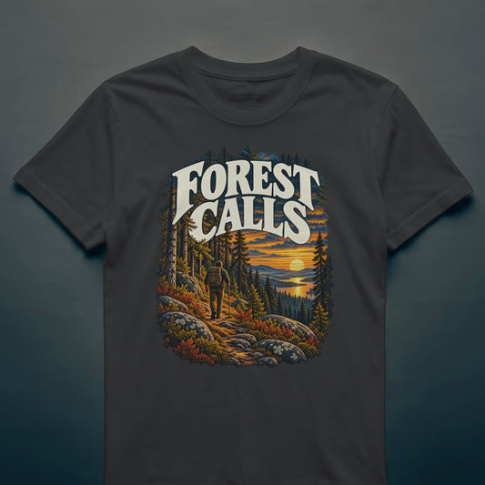 Black t-shirt with the Forest Calls print: a lone hiker on a rocky forest trail with conifers, autumn colours and a lake at sunset