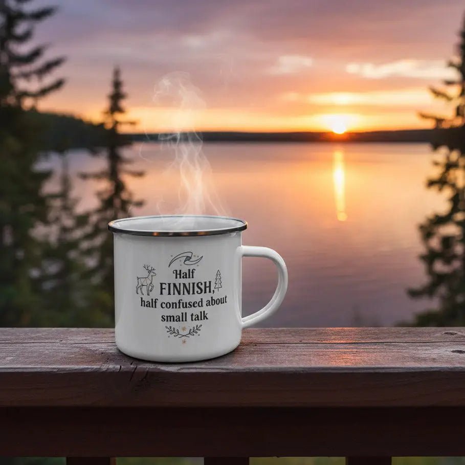 Half Finnish Half confused about small talk - Enamel Mug - Rather Be In Finland