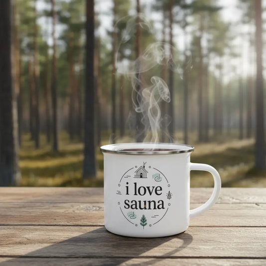 I Love Sauna - Enamel Mug - Print Material - Rather Be In Finland €32.95