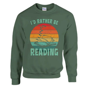 Tuotekuva: collegepaita, painatuksena I'd Rather Be Reading (Rather Be in Finland)