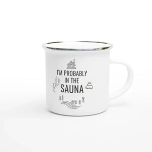 Photo du produit : mug émaillé au motif « I’m Probably in the Sauna » de Rather Be in Finland