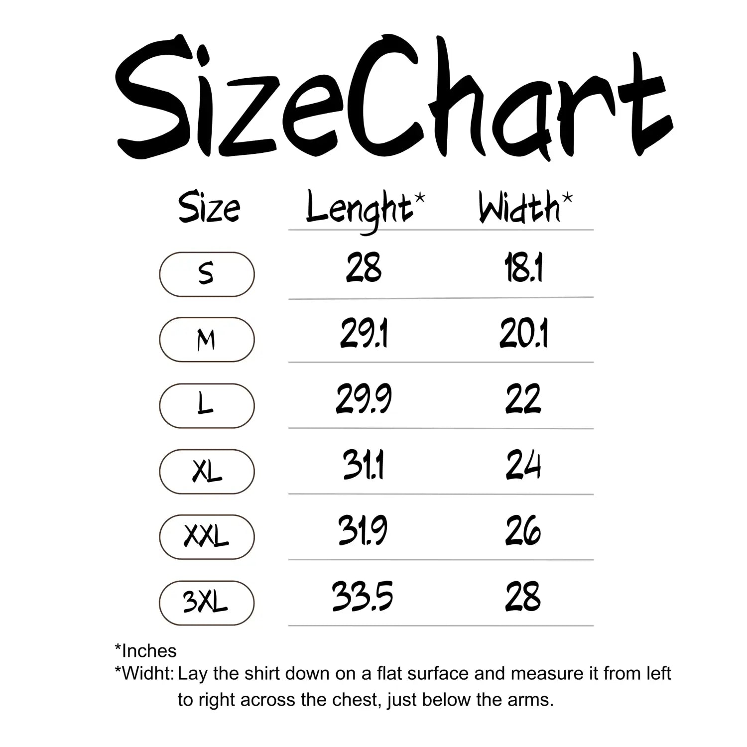 Size charts t shirts