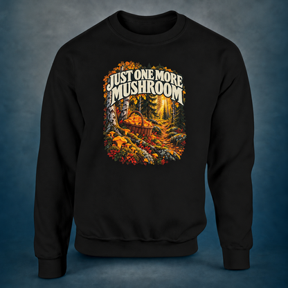 Just One More Mushroom - Sweatshirt in black, photographed against the RBIF dark blue-grey studio background.