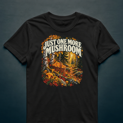 Just One More Mushroom - T-shirt in black, photographed against the RBIF dark blue-grey studio background.