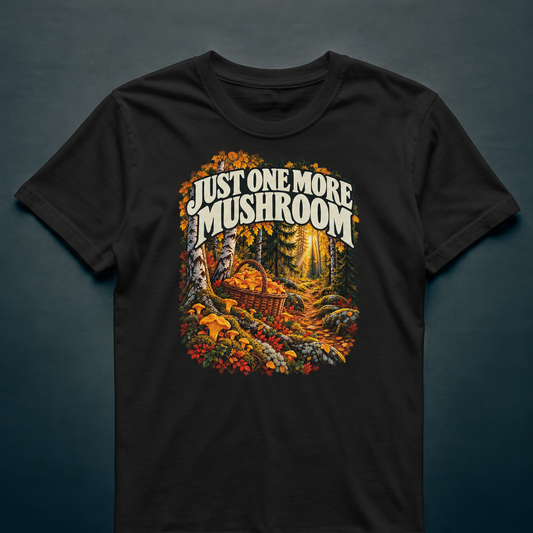 Just One More Mushroom - T-shirt in black, photographed against the RBIF dark blue-grey studio background.