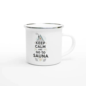 Tuotekuva: emalimuki, painatuksena Keep Calm and Go To Sauna (Rather Be in Finland)
