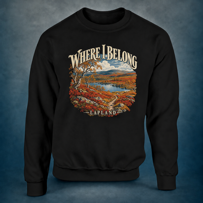 Lapland - Where I Belong - Sweatshirt in black, photographed against the RBIF dark blue-grey studio background.