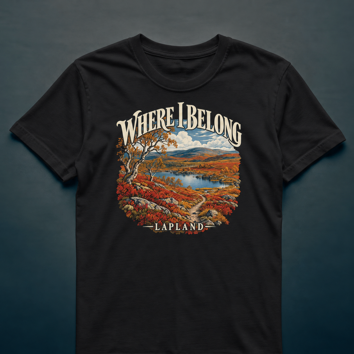 Lapland - Where I Belong - T-shirt in black, photographed against the RBIF dark blue-grey studio background.