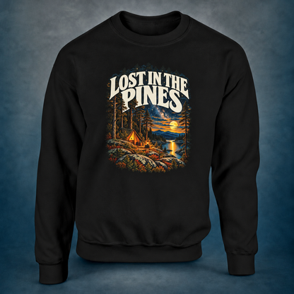 Lost In The Pines - Sweatshirt in black, photographed against the RBIF dark blue-grey studio background.