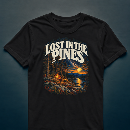 Lost In The Pines - T-shirt in black, photographed against the RBIF dark blue-grey studio background.