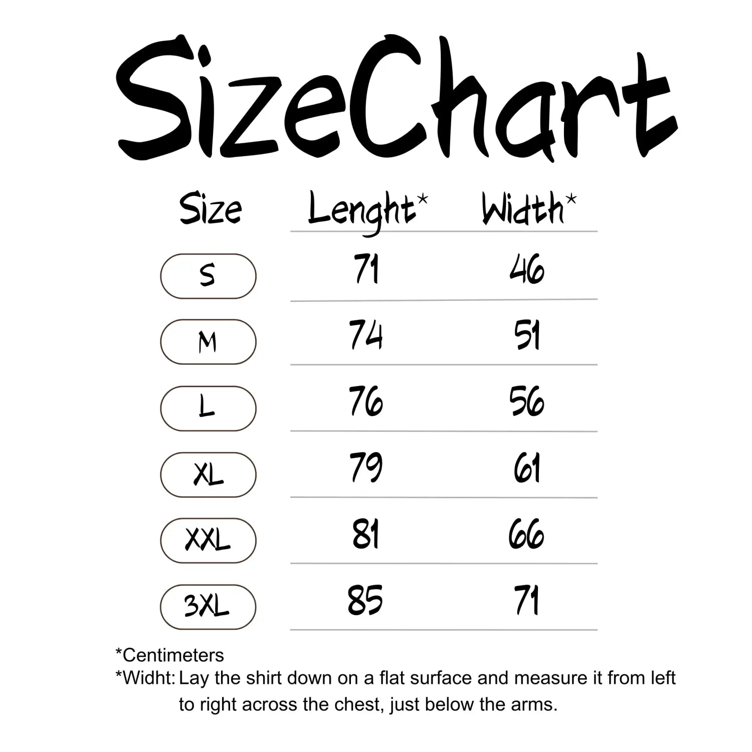 Size Charts t shirt metric
