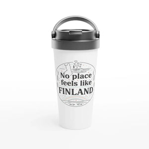 Produktbild: Edelstahl-Thermobecher mit dem Motiv „No Place Feels Like Finland“ von Rather Be in Finland