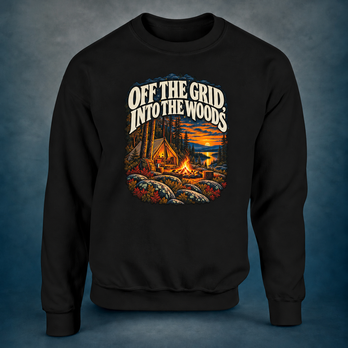 Off The Grid - Sweatshirt in black, photographed against the RBIF dark blue-grey studio background.