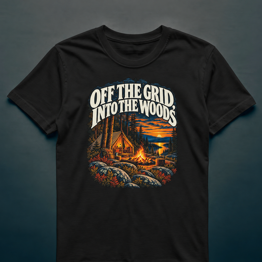 Off The Grid - T-shirt in black, photographed against the RBIF dark blue-grey studio background.