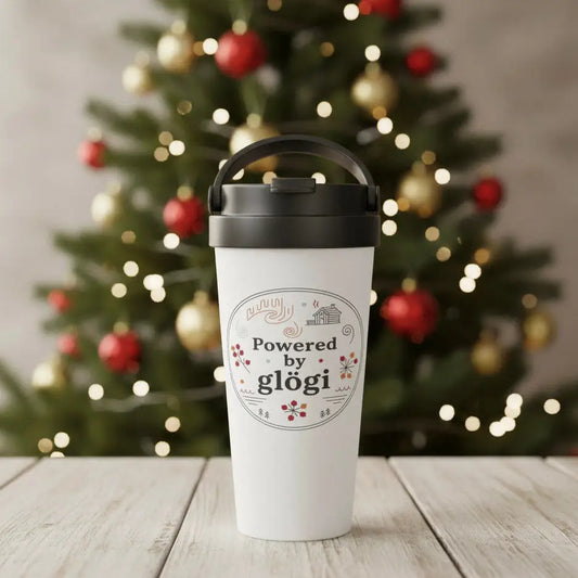 Powered By Glögi - Stainless Steel Travel Mug - Print Material - Rather Be In Finland €39.95