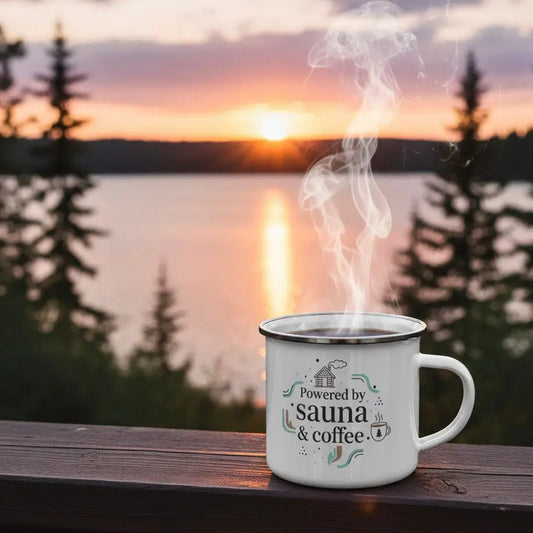 Powered by Sauna & Coffee - Enamel Mug - Rather Be In Finland