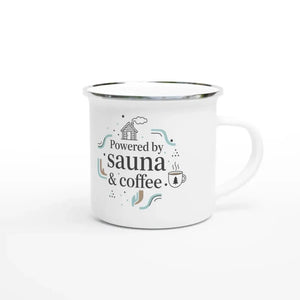 Tuotekuva: emalimuki, painatuksena Powered by Sauna & Coffee (Rather Be in Finland)