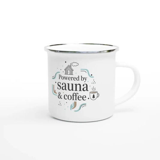 Powered by Sauna & Coffee - Enamel Mug - Rather Be In Finland