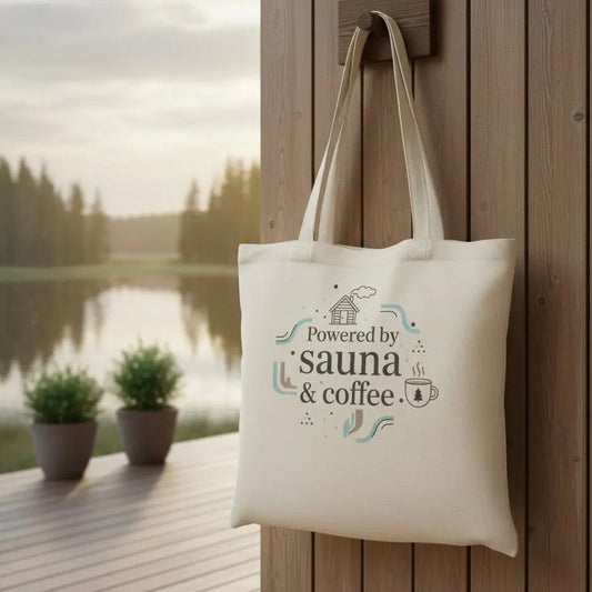 Powered by Sauna & Coffee - Premium Cotton Tote Bag - Rather Be In Finland