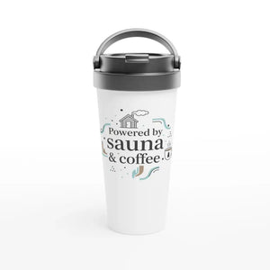 Photo du produit : gobelet isotherme au motif « Powered by Sauna & Coffee » de Rather Be in Finland
