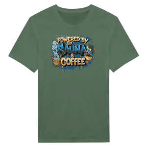 Photo du produit : t-shirt au motif « Powered By Sauna & Coffee » de Rather Be in Finland