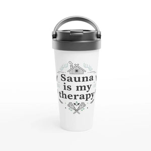 Tuotekuva: termosmuki, painatuksena Sauna Is My Therapy (Rather Be in Finland)