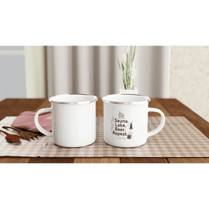 Sauna. Lake. Beer. Repeat. - Enamel Mug - Rather Be In Finland