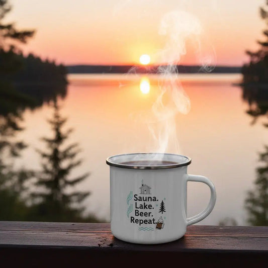 Sauna. Lake. Beer. Repeat. - Enamel Mug - Rather Be In Finland