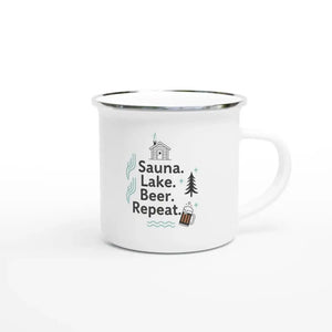 Sauna. Lake. Beer. Repeat. - Enamel Mug - Rather Be In Finland