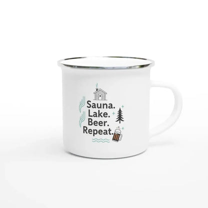 Sauna. Lake. Beer. Repeat. - Enamel Mug - Rather Be In Finland
