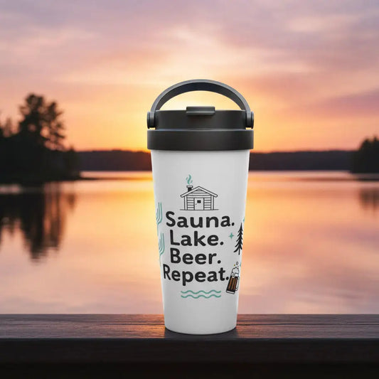 Sauna. Lake. Beer. Repeat. - Stainless Steel Travel Mug - Print Material - Rather Be In Finland €39.95
