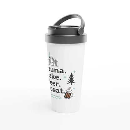 Sauna. Lake. Beer. Repeat. - Stainless Steel Travel Mug - Rather Be In Finland