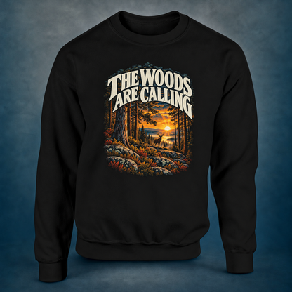The Woods Are Calling - Sweatshirt in black, photographed against the RBIF dark blue-grey studio background.