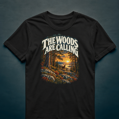 The Woods Are Calling - T-shirt in black, photographed against the RBIF dark blue-grey studio background.