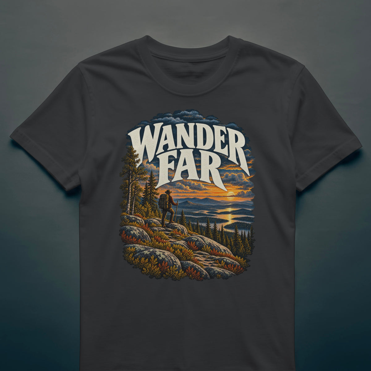 Black t-shirt with the Wander Far print: a rocky hilltop with pines above a lake full of islands at sunset