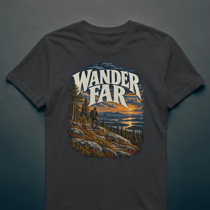 Black t-shirt with the Wander Far print: a rocky hilltop with pines above a lake full of islands at sunset