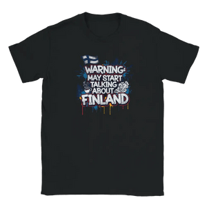 Produktbild: T-Shirt mit dem Motiv „Warning: May Start Talking About Finland“ von Rather Be in Finland