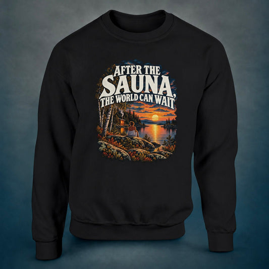 Black sweatshirt with the "After the Sauna, the World Can Wait" print: a sauna bather resting on lakeside rocks by a small sauna cabin at sunset