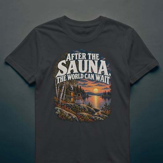 Black t-shirt with the "After the Sauna, the World Can Wait" print: a sauna bather resting on lakeside rocks by a small sauna cabin at sunset